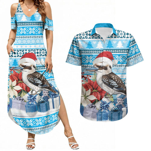 Australia Christmas In July Couples Matching Summer Maxi Dress and Hawaiian Shirt Kookaburra Santa Blue Color