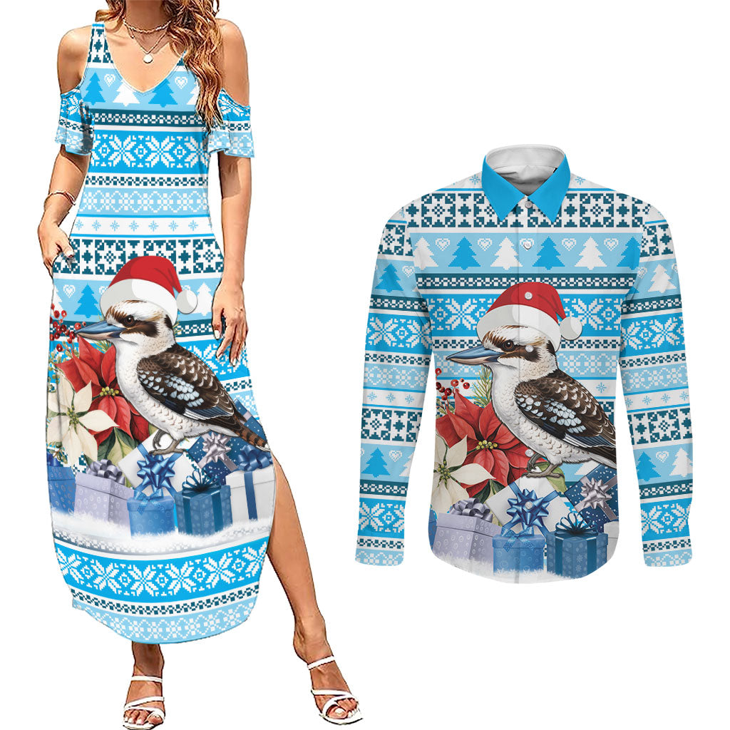 Australia Christmas In July Couples Matching Summer Maxi Dress and Long Sleeve Button Shirt Kookaburra Santa Blue Color