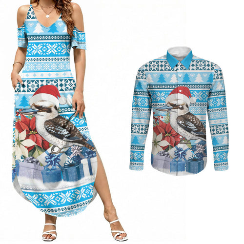 Australia Christmas In July Couples Matching Summer Maxi Dress and Long Sleeve Button Shirt Kookaburra Santa Blue Color