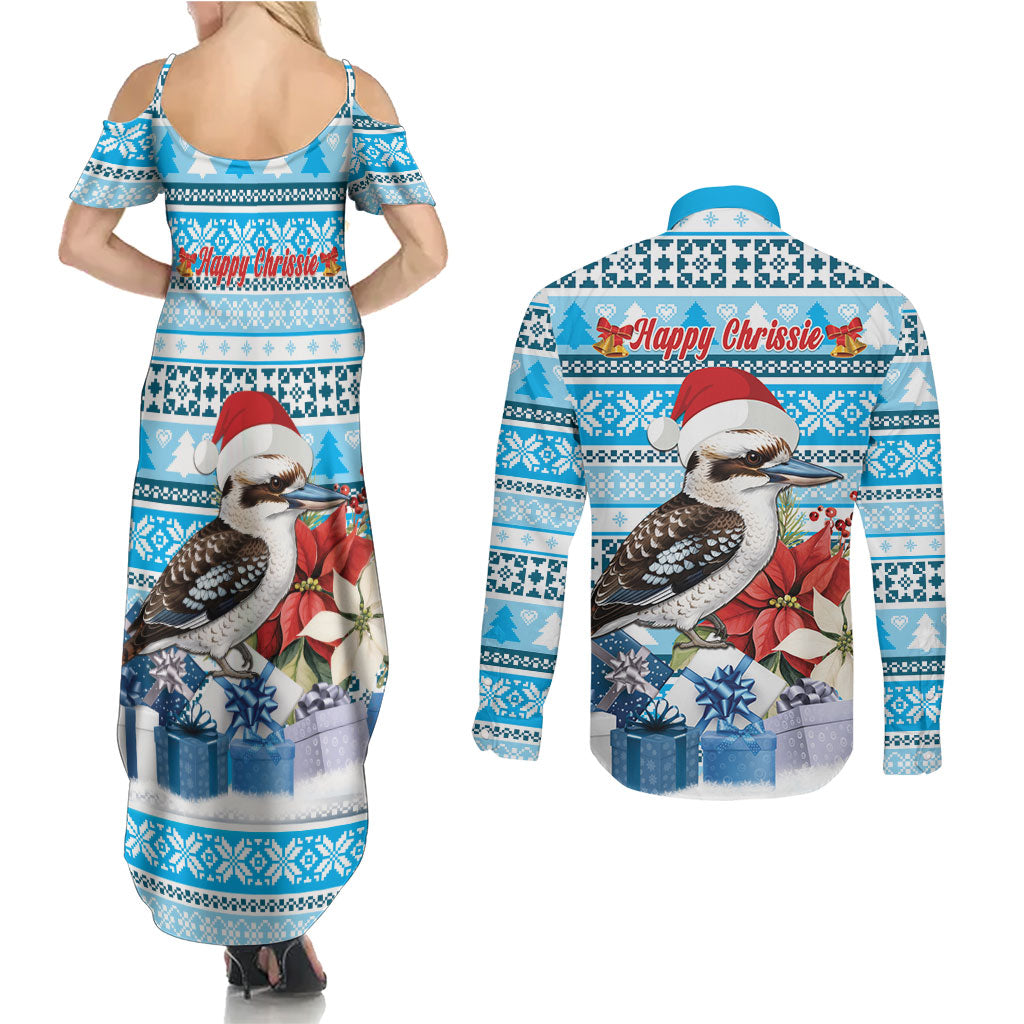 Australia Christmas In July Couples Matching Summer Maxi Dress and Long Sleeve Button Shirt Kookaburra Santa Blue Color