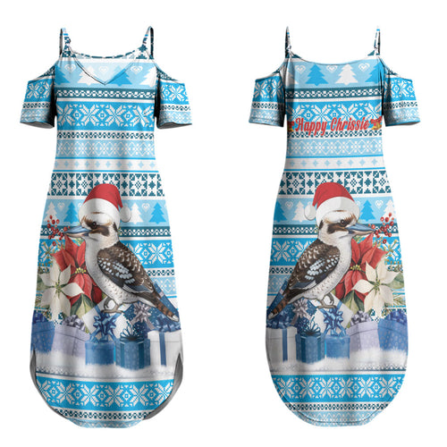 Australia Christmas In July Couples Matching Summer Maxi Dress and Long Sleeve Button Shirt Kookaburra Santa Blue Color LT22