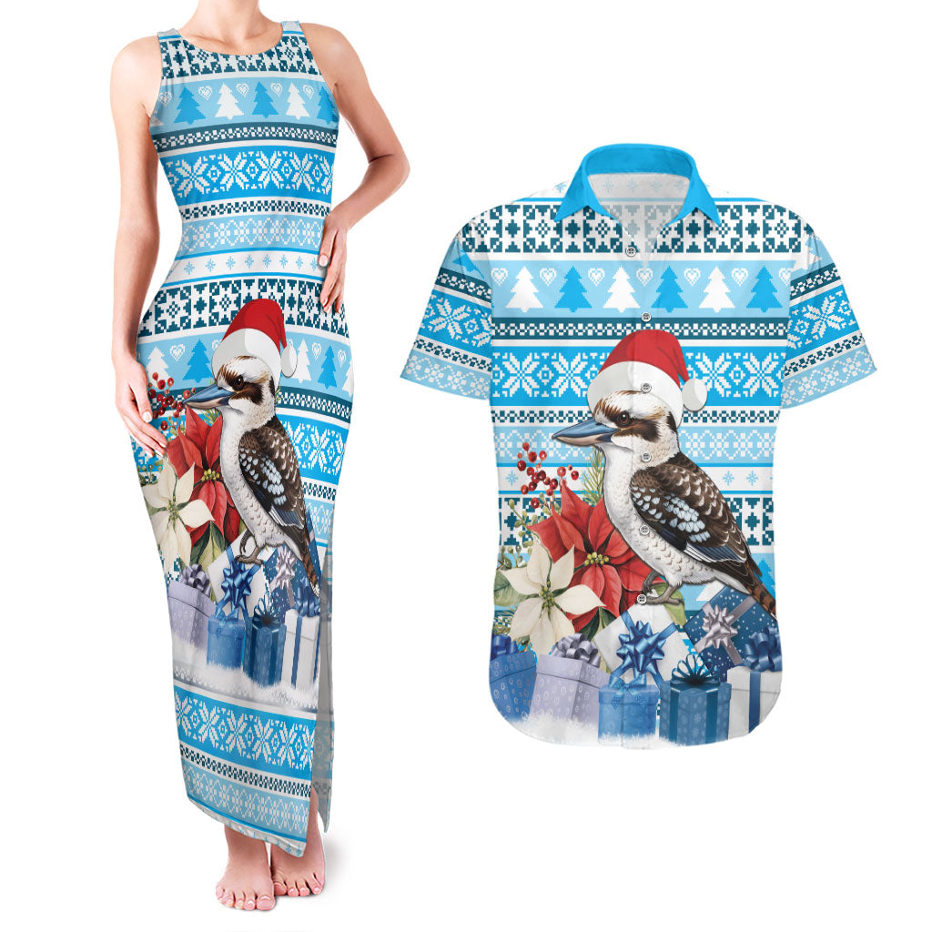 Australia Christmas In July Couples Matching Tank Maxi Dress and Hawaiian Shirt Kookaburra Santa Blue Color