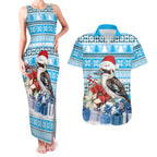 Australia Christmas In July Couples Matching Tank Maxi Dress and Hawaiian Shirt Kookaburra Santa Blue Color