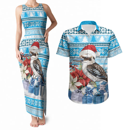 Australia Christmas In July Couples Matching Tank Maxi Dress and Hawaiian Shirt Kookaburra Santa Blue Color