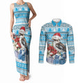 Australia Christmas In July Couples Matching Tank Maxi Dress and Long Sleeve Button Shirt Kookaburra Santa Blue Color