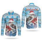 Australia Christmas In July Couples Matching Tank Maxi Dress and Long Sleeve Button Shirt Kookaburra Santa Blue Color