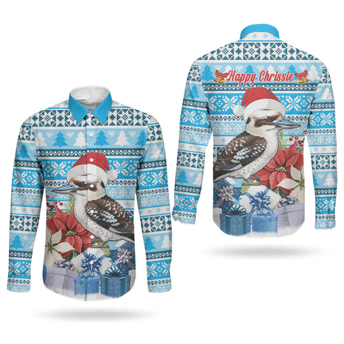 Australia Christmas In July Couples Matching Tank Maxi Dress and Long Sleeve Button Shirt Kookaburra Santa Blue Color