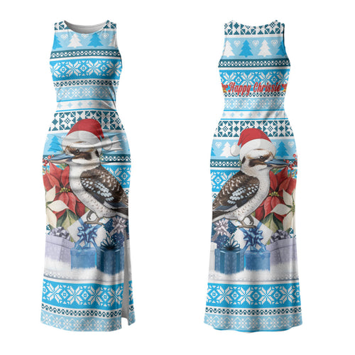 Australia Christmas In July Couples Matching Tank Maxi Dress and Long Sleeve Button Shirt Kookaburra Santa Blue Color LT22