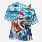 Australia Christmas In July Cross Shoulder Shirt Kookaburra Santa Blue Color