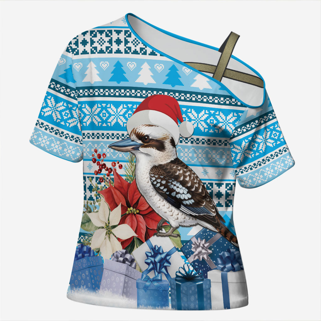 Australia Christmas In July Cross Shoulder Shirt Kookaburra Santa Blue Color