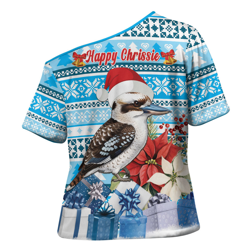 Australia Christmas In July Cross Shoulder Shirt Kookaburra Santa Blue Color