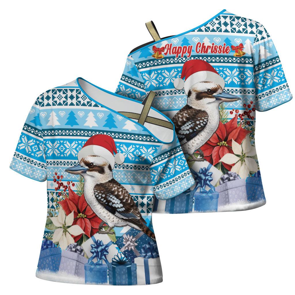 Australia Christmas In July Cross Shoulder Shirt Kookaburra Santa Blue Color