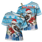 Australia Christmas In July Cross Shoulder Shirt Kookaburra Santa Blue Color