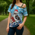 Australia Christmas In July Cross Shoulder Shirt Kookaburra Santa Blue Color