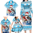 Australia Christmas In July Family Matching Long Sleeve Bodycon Dress and Hawaiian Shirt Kookaburra Santa Blue Color