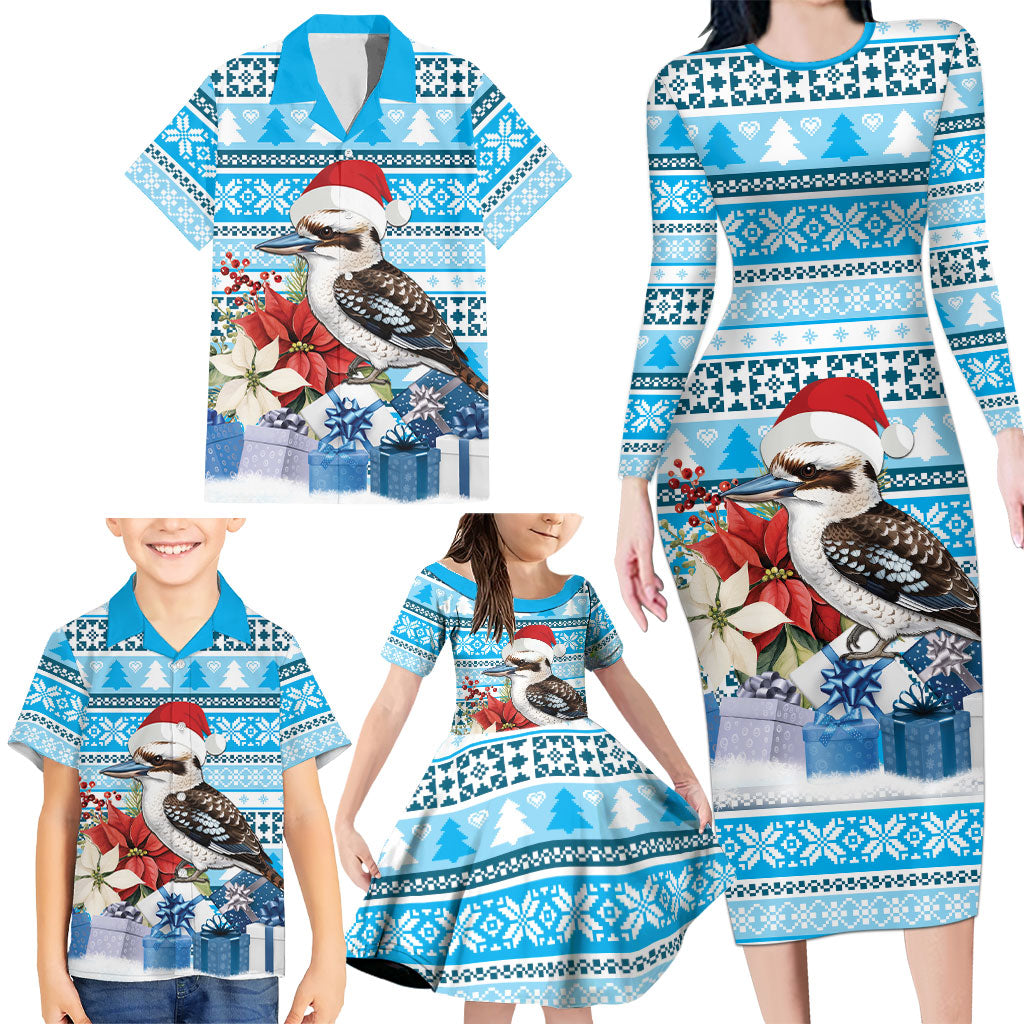 Australia Christmas In July Family Matching Long Sleeve Bodycon Dress and Hawaiian Shirt Kookaburra Santa Blue Color