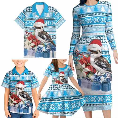 Australia Christmas In July Family Matching Long Sleeve Bodycon Dress and Hawaiian Shirt Kookaburra Santa Blue Color