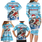 Australia Christmas In July Family Matching Long Sleeve Bodycon Dress and Hawaiian Shirt Kookaburra Santa Blue Color