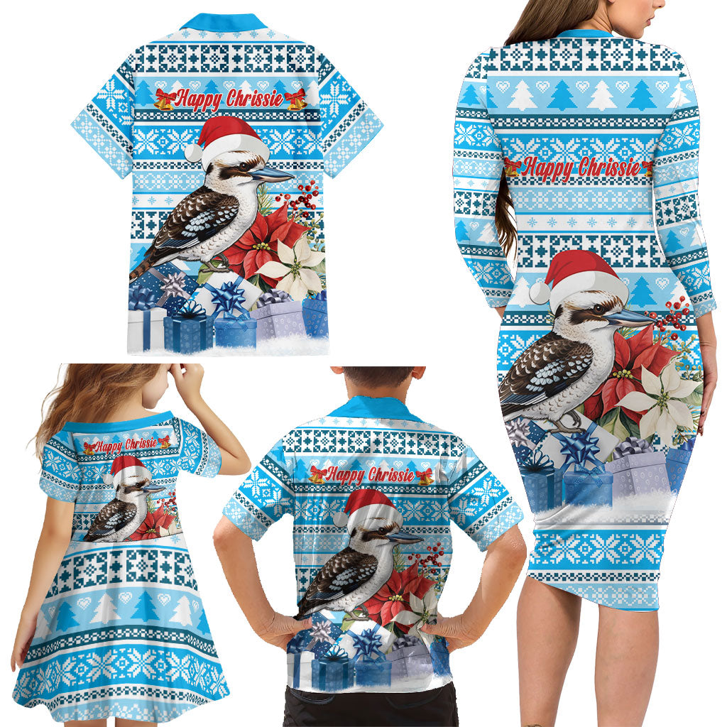 Australia Christmas In July Family Matching Long Sleeve Bodycon Dress and Hawaiian Shirt Kookaburra Santa Blue Color