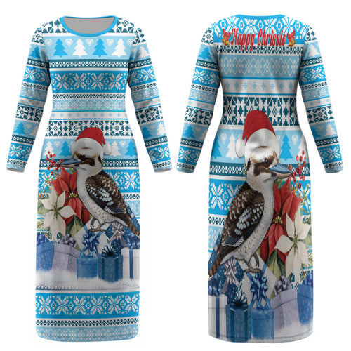 Australia Christmas In July Family Matching Long Sleeve Bodycon Dress and Hawaiian Shirt Kookaburra Santa Blue Color
