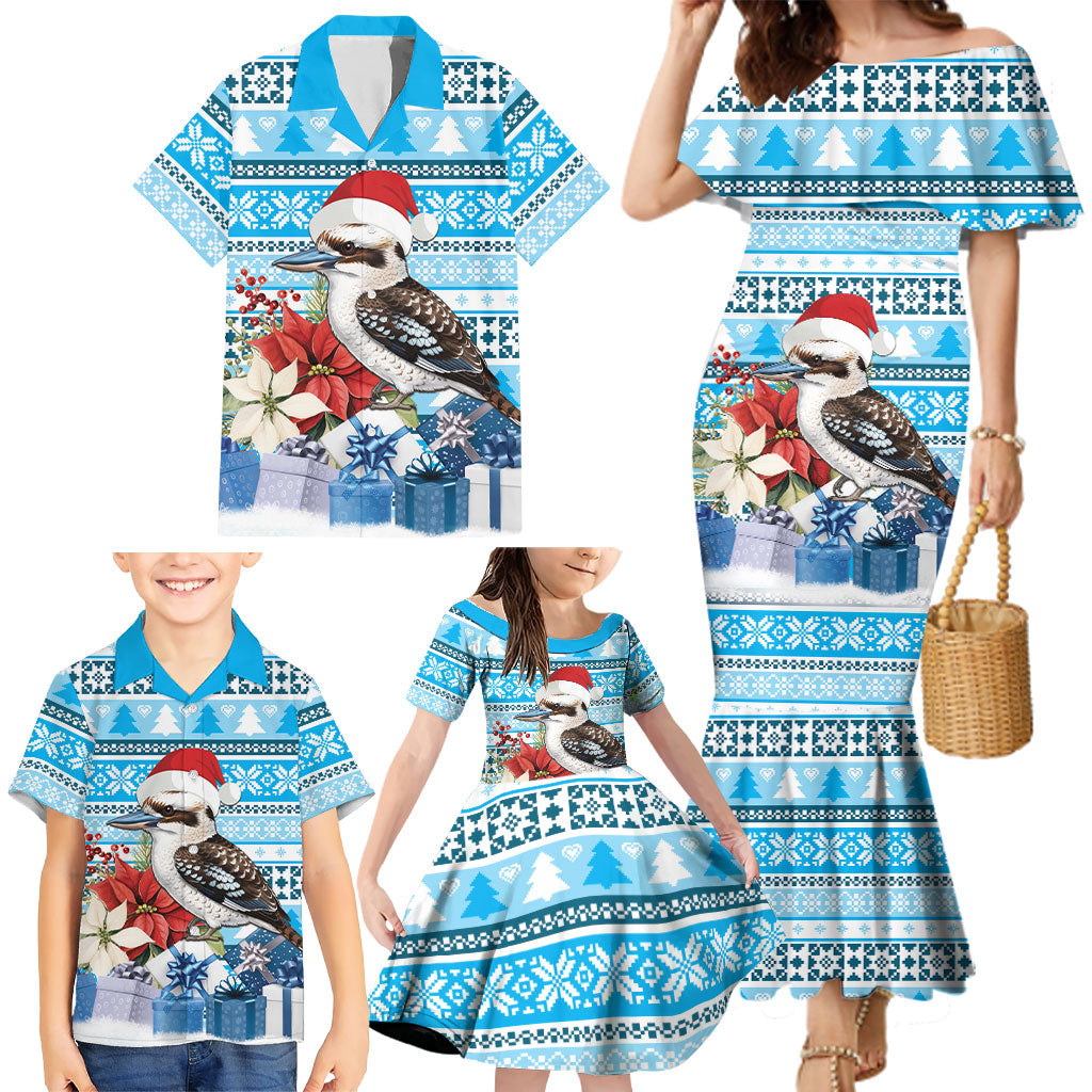 Australia Christmas In July Family Matching Mermaid Dress and Hawaiian Shirt Kookaburra Santa Blue Color