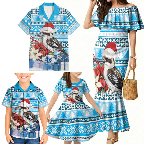 Australia Christmas In July Family Matching Mermaid Dress and Hawaiian Shirt Kookaburra Santa Blue Color