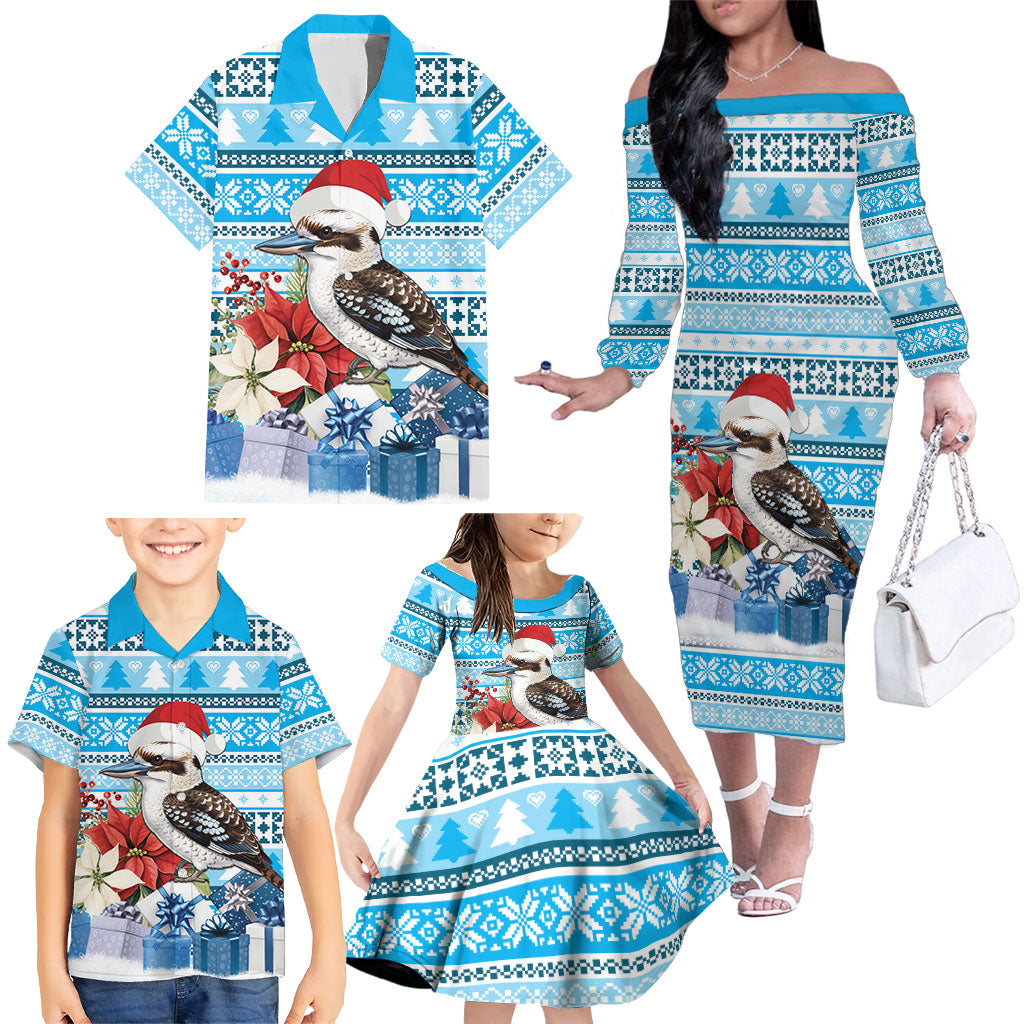 Australia Christmas In July Family Matching Off The Shoulder Long Sleeve Dress and Hawaiian Shirt Kookaburra Santa Blue Color