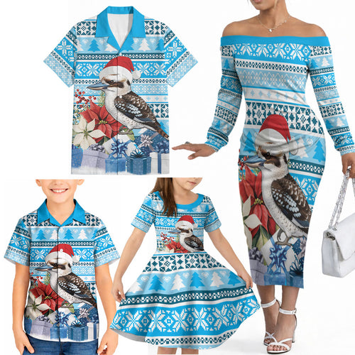 Australia Christmas In July Family Matching Off The Shoulder Long Sleeve Dress and Hawaiian Shirt Kookaburra Santa Blue Color