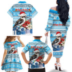 Australia Christmas In July Family Matching Off The Shoulder Long Sleeve Dress and Hawaiian Shirt Kookaburra Santa Blue Color
