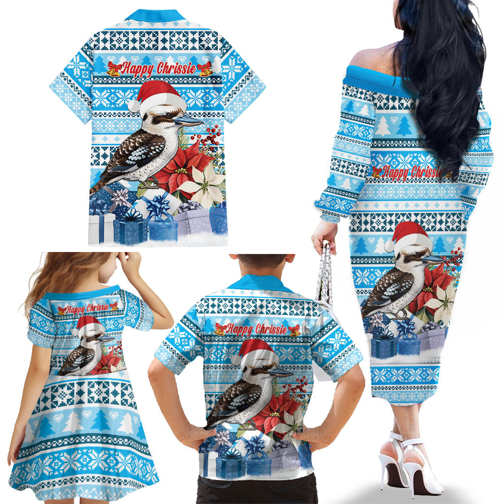 Australia Christmas In July Family Matching Off The Shoulder Long Sleeve Dress and Hawaiian Shirt Kookaburra Santa Blue Color