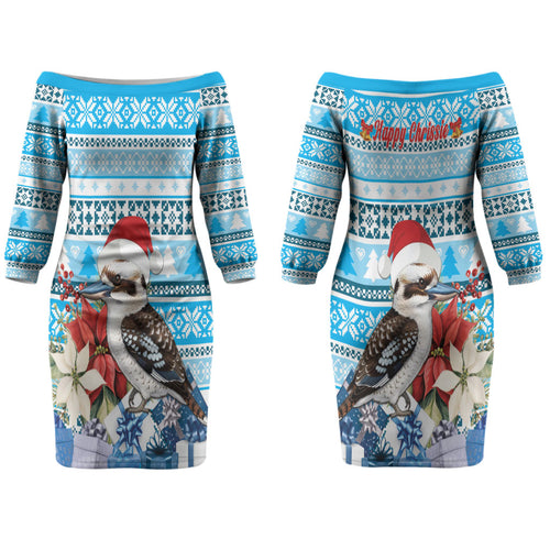 Australia Christmas In July Family Matching Off The Shoulder Long Sleeve Dress and Hawaiian Shirt Kookaburra Santa Blue Color