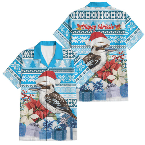 Australia Christmas In July Family Matching Off The Shoulder Long Sleeve Dress and Hawaiian Shirt Kookaburra Santa Blue Color
