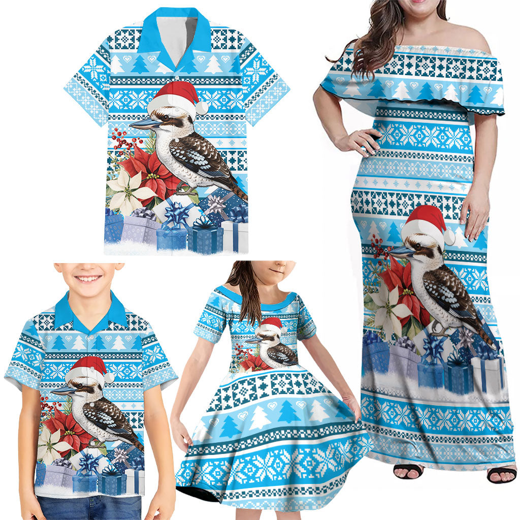 Australia Christmas In July Family Matching Off Shoulder Maxi Dress and Hawaiian Shirt Kookaburra Santa Blue Color