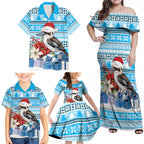 Australia Christmas In July Family Matching Off Shoulder Maxi Dress and Hawaiian Shirt Kookaburra Santa Blue Color