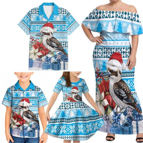 Australia Christmas In July Family Matching Off Shoulder Maxi Dress and Hawaiian Shirt Kookaburra Santa Blue Color