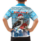 Australia Christmas In July Family Matching Off Shoulder Maxi Dress and Hawaiian Shirt Kookaburra Santa Blue Color