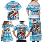 Australia Christmas In July Family Matching Off Shoulder Maxi Dress and Hawaiian Shirt Kookaburra Santa Blue Color