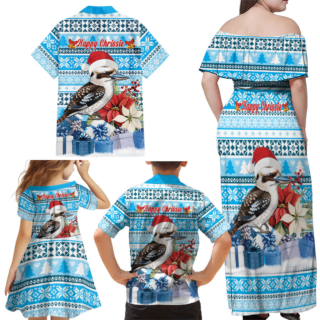 Australia Christmas In July Family Matching Off Shoulder Maxi Dress and Hawaiian Shirt Kookaburra Santa Blue Color