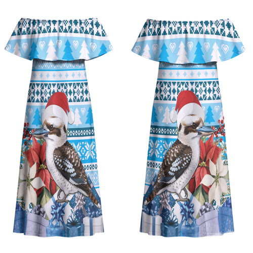Australia Christmas In July Family Matching Off Shoulder Maxi Dress and Hawaiian Shirt Kookaburra Santa Blue Color