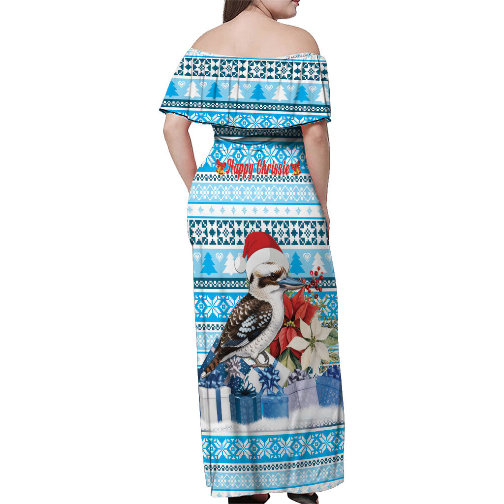 Australia Christmas In July Family Matching Off Shoulder Maxi Dress and Hawaiian Shirt Kookaburra Santa Blue Color