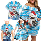 Australia Christmas In July Family Matching Off Shoulder Short Dress and Hawaiian Shirt Kookaburra Santa Blue Color