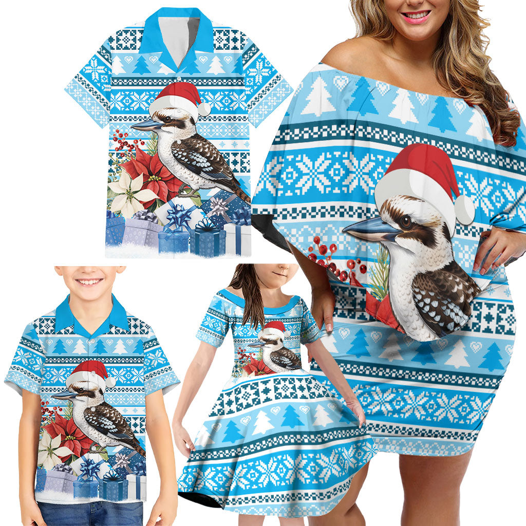 Australia Christmas In July Family Matching Off Shoulder Short Dress and Hawaiian Shirt Kookaburra Santa Blue Color