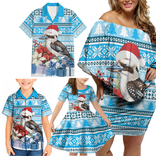 Australia Christmas In July Family Matching Off Shoulder Short Dress and Hawaiian Shirt Kookaburra Santa Blue Color