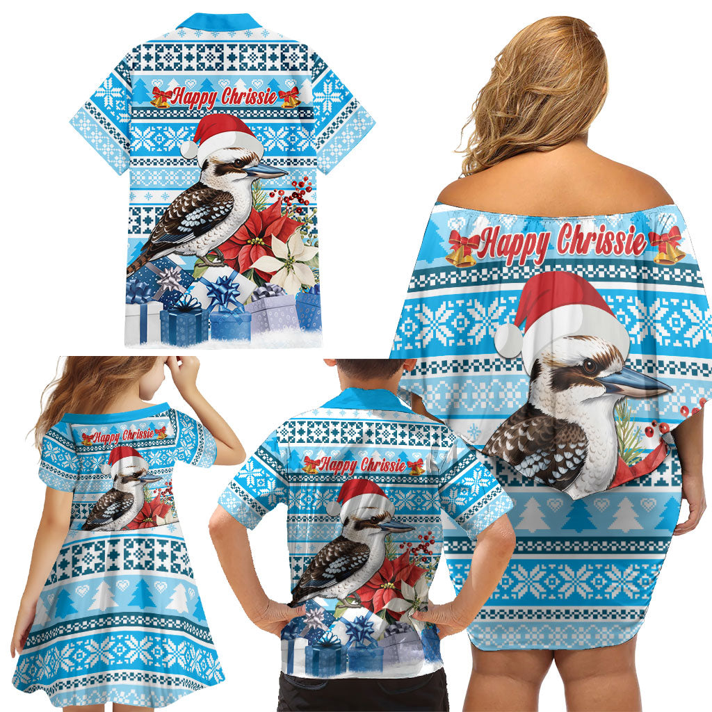 Australia Christmas In July Family Matching Off Shoulder Short Dress and Hawaiian Shirt Kookaburra Santa Blue Color