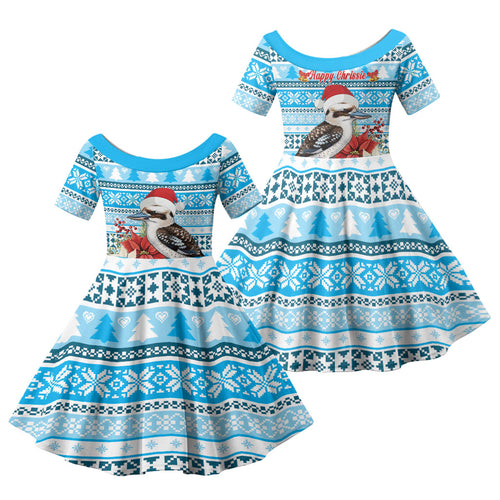 Australia Christmas In July Family Matching Off Shoulder Short Dress and Hawaiian Shirt Kookaburra Santa Blue Color