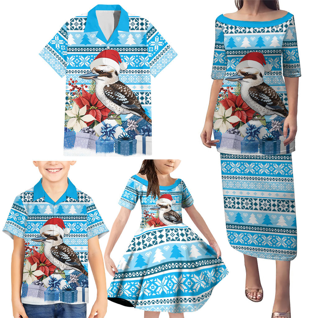 Australia Christmas In July Family Matching Puletasi and Hawaiian Shirt Kookaburra Santa Blue Color