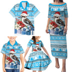 Australia Christmas In July Family Matching Puletasi and Hawaiian Shirt Kookaburra Santa Blue Color