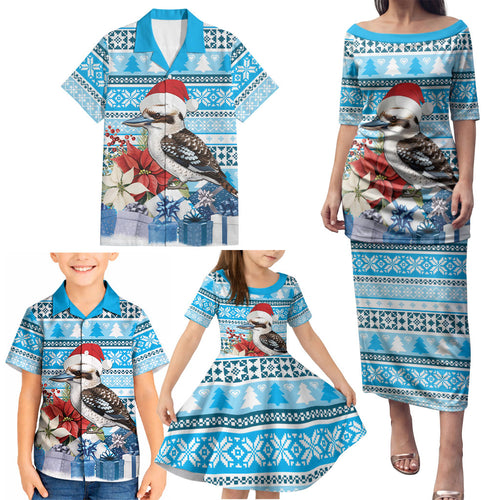 Australia Christmas In July Family Matching Puletasi and Hawaiian Shirt Kookaburra Santa Blue Color
