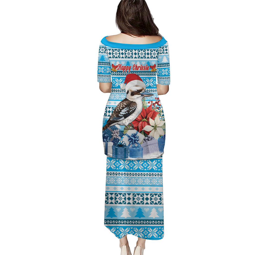 Australia Christmas In July Family Matching Puletasi and Hawaiian Shirt Kookaburra Santa Blue Color