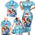 Australia Christmas In July Family Matching Short Sleeve Bodycon Dress and Hawaiian Shirt Kookaburra Santa Blue Color
